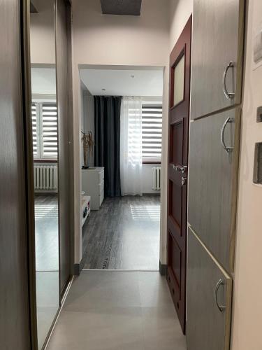 a hallway with a door and a mirror in a room at Apartament Gospodarcza in Sosnowiec