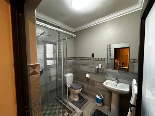 a bathroom with a shower and a toilet and a sink at Urban Villas Guest House in Pretoria