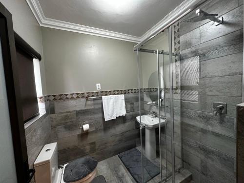a bathroom with a shower and a toilet and a sink at Urban Villas Guest House in Pretoria