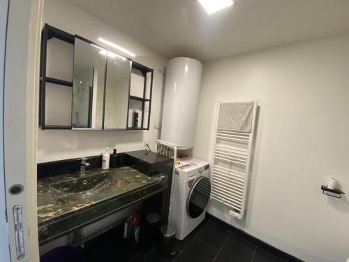 une salle de bain avec un lavabo et une machine à laver dans l'établissement Appartement 2 Chambre (Proche centre ville), à Drancy