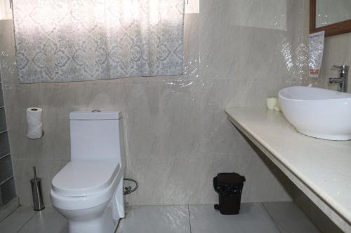 a bathroom with a white toilet and a sink at FOND B'OFFAY LODGE in Victoria