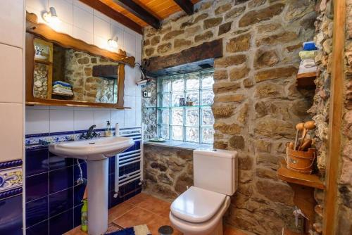 a stone bathroom with a sink and a toilet at La Casa Rectoral de El Tozu in Caso