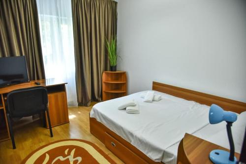 een slaapkamer met een bed, een bureau en een televisie bij Apartament 3 camere In centru in Râmnicu Vâlcea