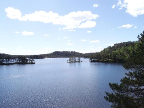 a view of a large lake with trees and clouds at Holiday Home Hustjønn by Interhome in Aamli