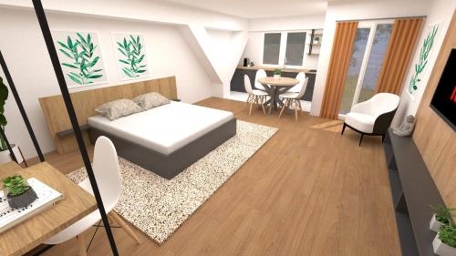 a small living room with a bed and a table at Luxury Apartment IVA III in Skopje