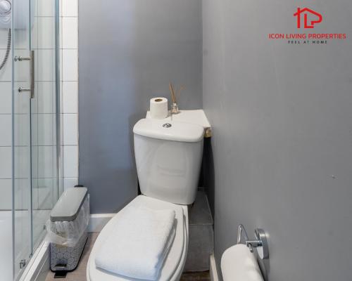 a bathroom with a white toilet and a shower at Arch-View Apartment 1 By Icon Living Properties Short Lets & Serviced Accommodation Wembley in London