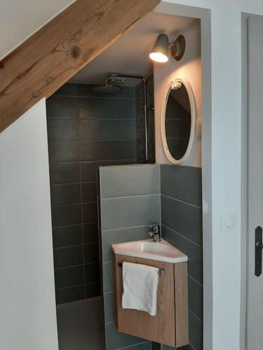 une salle de bain avec un lavabo et un miroir dans l'établissement Le Bon Temps, pour de jolis moments, à Saint-Martin-lez-Tatinghem