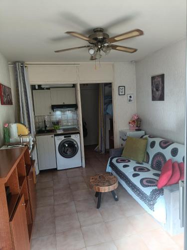 - un salon avec un lit et un ventilateur de plafond dans l'établissement Studio Nice colline avec parking privé, à Nice