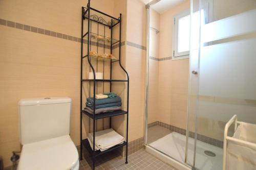 ein Bad mit einer Dusche, einem WC und einer Glasdusche in der Unterkunft Coqueto apartamento a pocos metros de playa in Can Pastilla