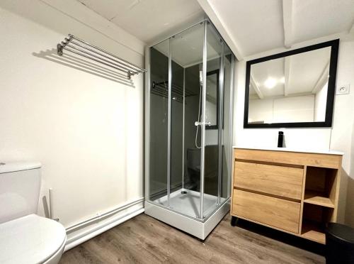 La salle de bains est pourvue d'une douche en verre et de toilettes. dans l'établissement C La reserve - St ROSE Ethnique, à Clermont-Ferrand