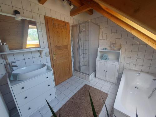 La petite salle de bains est pourvue d'un lavabo et d'une douche. dans l'établissement Elli, à Berumbur