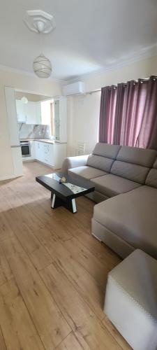 a living room with a couch and a coffee table at Brand New Apartment Gjirokaster in Gjirokastër