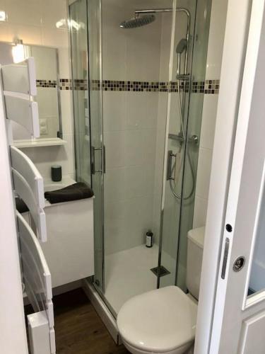 une salle de bain avec une douche en verre et des toilettes dans l'établissement Ene Breizhad, à Arzon