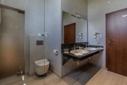 a bathroom with a sink and a toilet and a mirror at Darovanský Dvůr - Wellness & Golf Hotel in Břasy