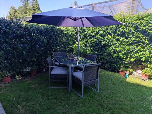 a table with chairs and an umbrella on the grass at DIMORA MELISSA in Colà di Lazise