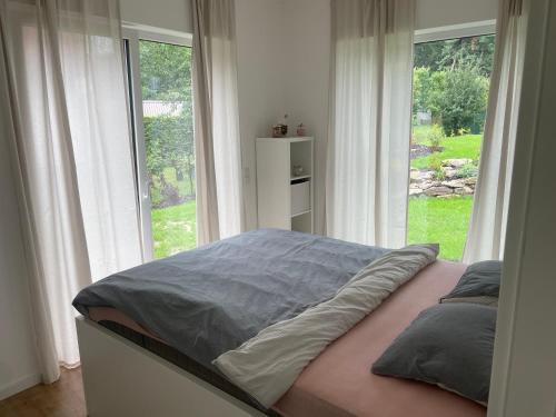 1 cama en una habitación con 2 ventanas en Grejdy L&V, en Žďár nad Sázavou