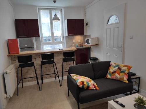 un salon avec un canapé et une cuisine dans l'établissement Beau F3 proche hôpital central, Nancy thermal, à Nancy