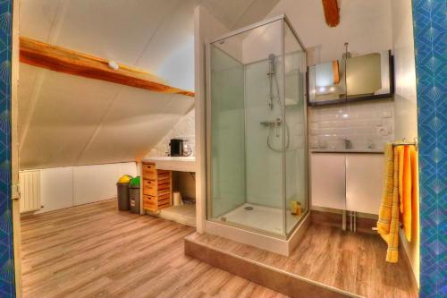 La salle de bains est pourvue d'une douche en verre. dans l'établissement Villa Capucine, à Aubigny-sur-Nère