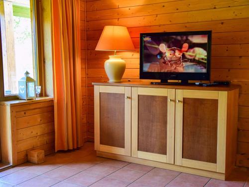 une télévision assise au-dessus d'une armoire avec une lampe dans l'établissement Holiday Home Auerhahn-2 by Interhome, à Hasselfelde