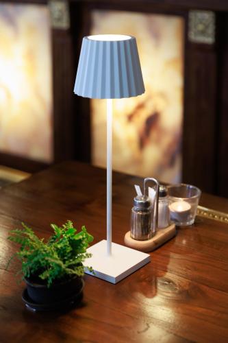 a white lamp sitting on a table with a plant at Darovanský Dvůr - Wellness & Golf Hotel in Břasy