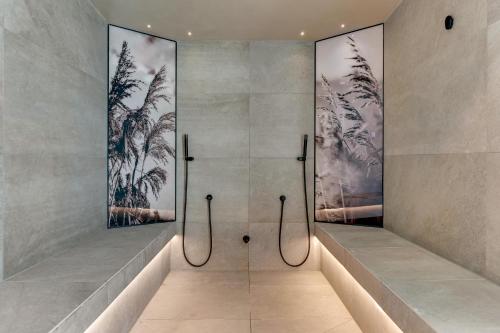 a shower in a bathroom with two paintings on the wall at GRANO HOTEL Solmarina in Wiślinka