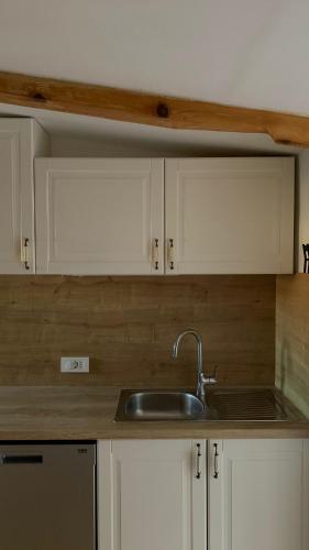 a kitchen with a sink and white cabinets at Le Liv On in Rijeka