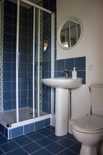 une salle de bain avec un lavabo, une douche et des toilettes dans l'établissement le Fumant, à Saint-Paul-en-Cornillon