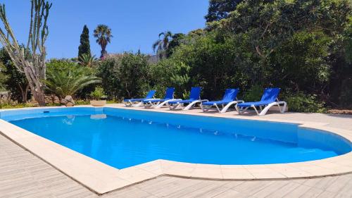 a swimming pool with blue lounge chairs and trees at Stunning Villa with Pool, Table tennis, Table soccer and a Pool table in Naxxar