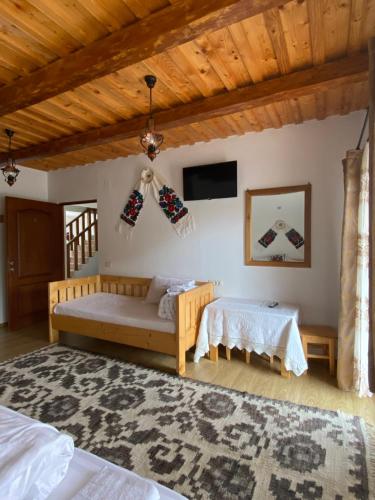 a bedroom with a bed and a couch and a tv at Popas in Breb in Breb