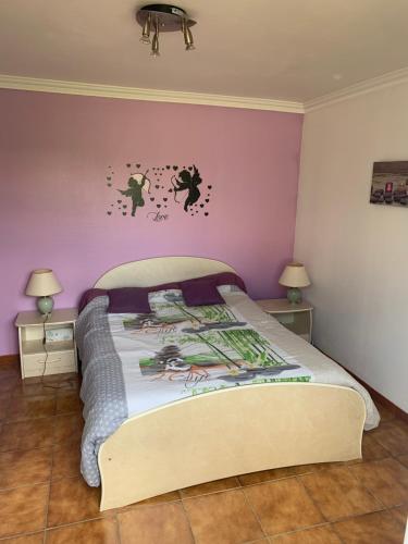 1 dormitorio con cama y pared de color rosa en T2 indépendant proche OL Stadium et salle LDLC Arena en Meyzieu