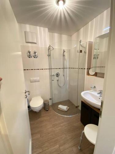 a bathroom with a shower and a toilet and a sink at Penthouse in Sonthofen in Sonthofen