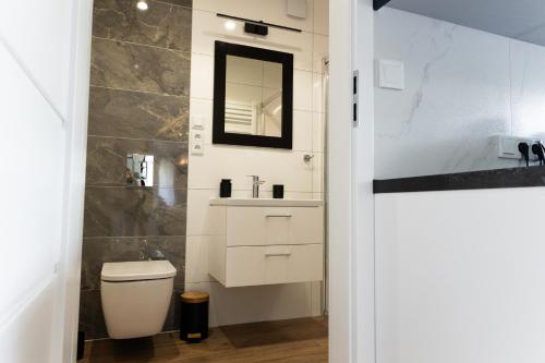 a bathroom with a toilet and a sink at Leśna Przystań in Muszyna