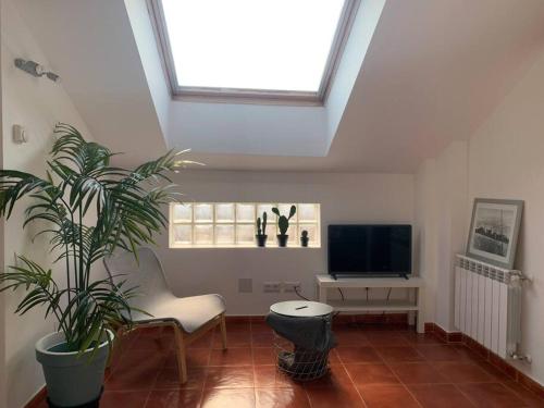 uma sala de estar com uma clarabóia e uma televisão em Cantabria, terraza y vistas. em El Astillero