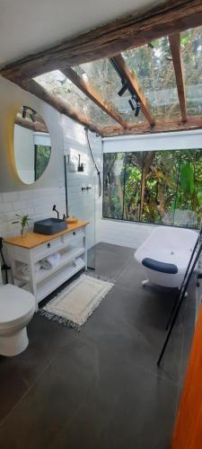 uma casa de banho com uma banheira, um lavatório e um WC. em Solar Maria Carolina em Mario Campos