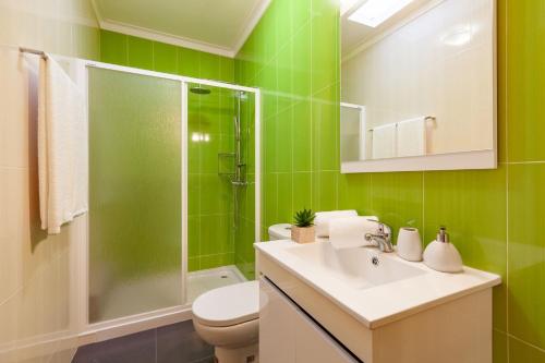 a green bathroom with a toilet and a sink at Casa da Tomada - Minho's Guest in Braga