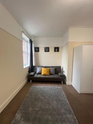 a living room with a couch and a window at Stunning Wembley Stadium Flat in London