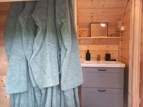a bathroom with a shower curtain and a sink at Insolite: Le Kota du Lutin Many in Saint-Christophe-sur-Condé