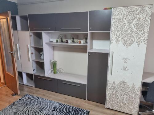 a room with a large gray cabinet with shelves at Oscar's Central Apartment in Timişoara