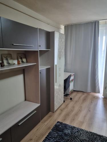 a room with a room with a shelf and a room with at Oscar's Central Apartment in Timişoara