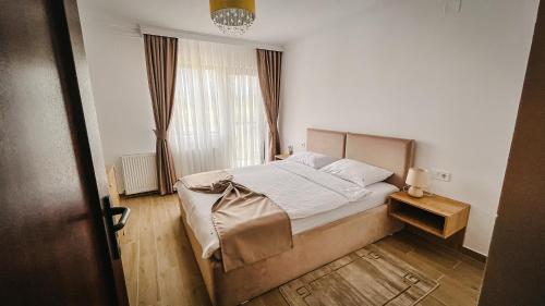 a bedroom with a bed and a window at PENSIUNE-RESTAURANT Palace in Cărpinet