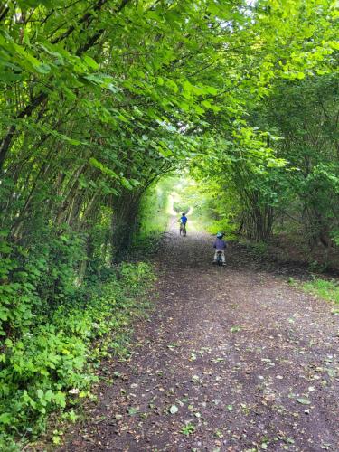 a man and a child walking down a path through a tunnel at Gîte de Trasenster in Trooz