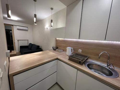 a kitchen with a sink and a couch in a room at Apartman Sara in Zenica