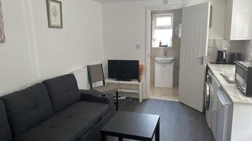 uma sala de estar com um sofá e uma cozinha em Centrally located private studio flat in Luton em Luton