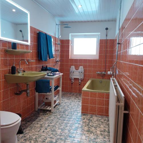 a bathroom with a sink and a tub and a toilet at De Mast bij Fort Vechten on the countryside & close to Utrecht in Bunnik