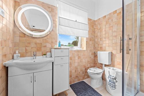 a bathroom with a sink and a toilet and a mirror at Villa Pietro in Čabrunići