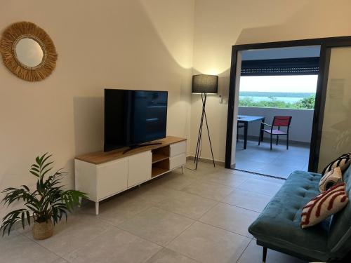 sala de estar con TV y sofá en Appartements 4 étoiles - Les Hauts du Fort en Beau Soleil