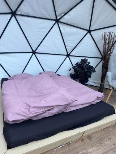uma cama numa tenda com um cobertor roxo em Erdei Buborék em Szarvaskő