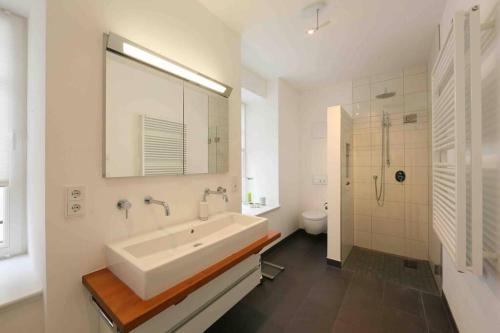 La salle de bains blanche est pourvue d'un lavabo et d'une douche. dans l'établissement Luxuswohnung City Innenstadt, à Munich