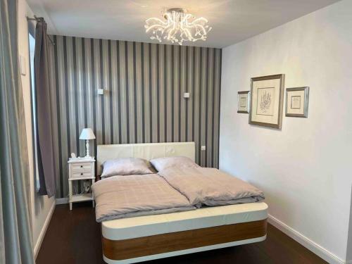 - une chambre avec un lit et un lustre dans l'établissement Luxuswohnung City Innenstadt, à Munich