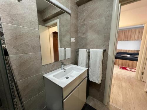 een badkamer met een wastafel en een spiegel bij Semnului Apartament in Iaşi